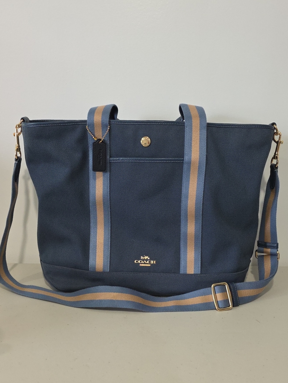 Coach Ellis Weekender Blue Canvas Tote Tan Stripes CA627